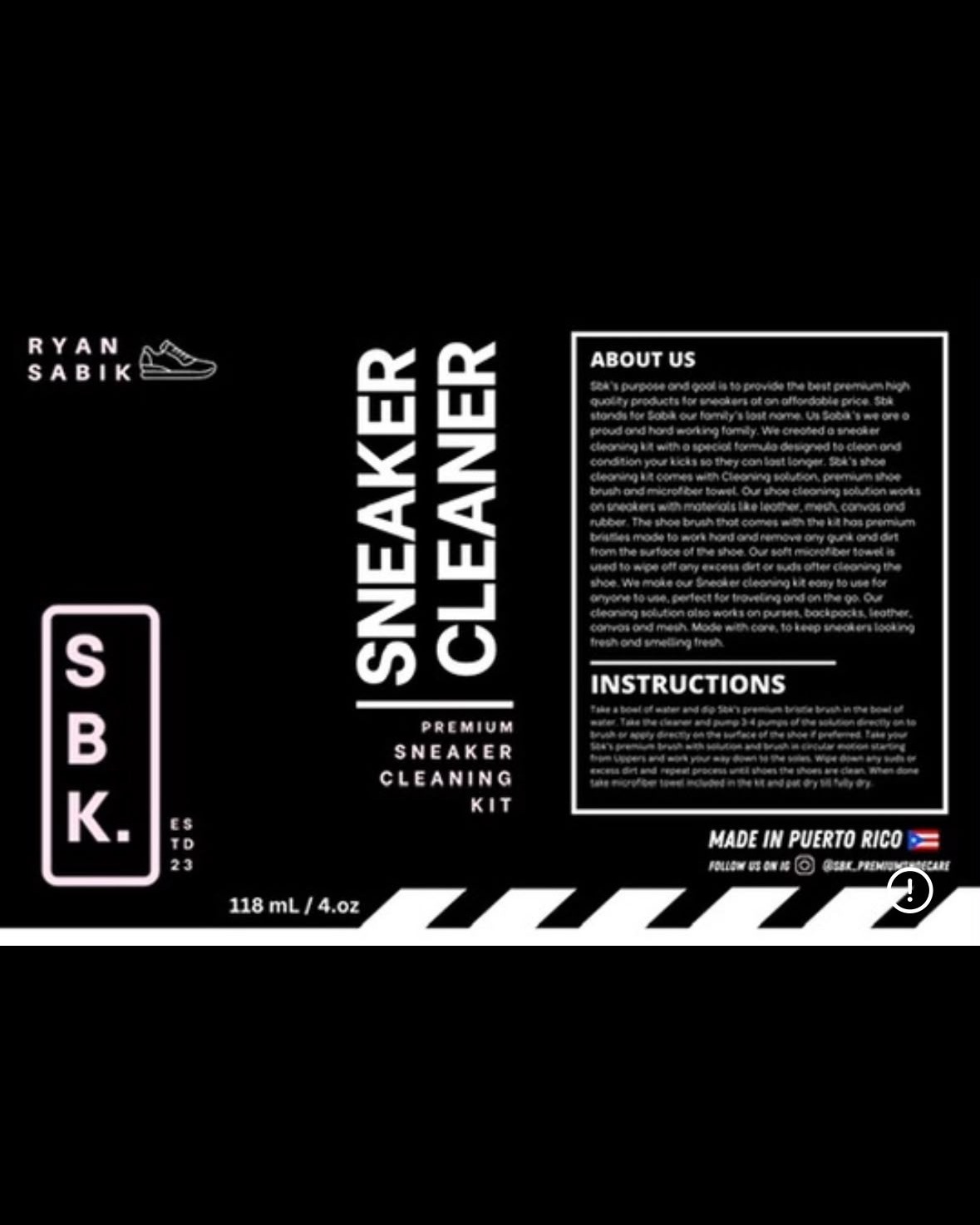 SBK premium sneaker cleaning kit packaging label